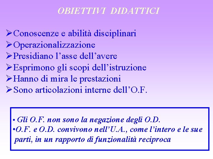 OBIETTIVI DIDATTICI ØConoscenze e abilità disciplinari ØOperazionalizzazione ØPresidiano l’asse dell’avere ØEsprimono gli scopi dell’istruzione