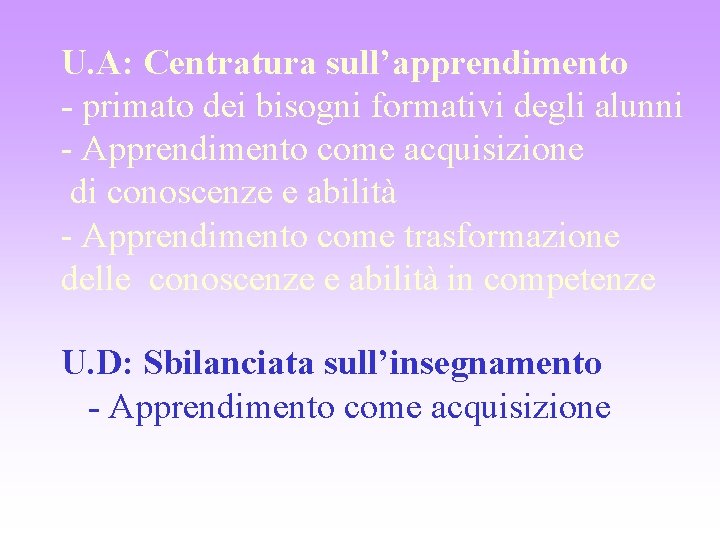 U. A: Centratura sull’apprendimento - primato dei bisogni formativi degli alunni - Apprendimento come