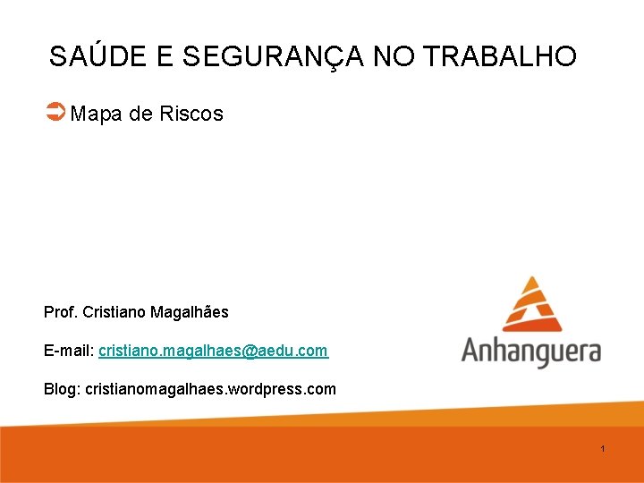 SAÚDE E SEGURANÇA NO TRABALHO Ü Mapa de Riscos Prof. Cristiano Magalhães E-mail: cristiano.