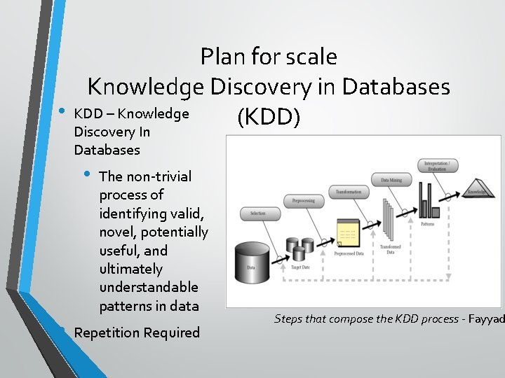 Plan for scale Knowledge Discovery in Databases • KDD – Knowledge (KDD) Discovery In