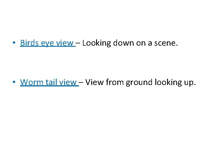  • Birds eye view – Looking down on a scene. • Worm tail