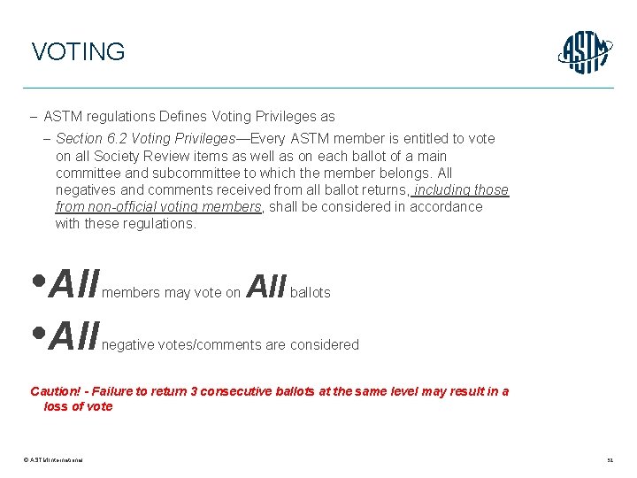 VOTING ASTM regulations Defines Voting Privileges as Section 6. 2 Voting Privileges—Every ASTM member
