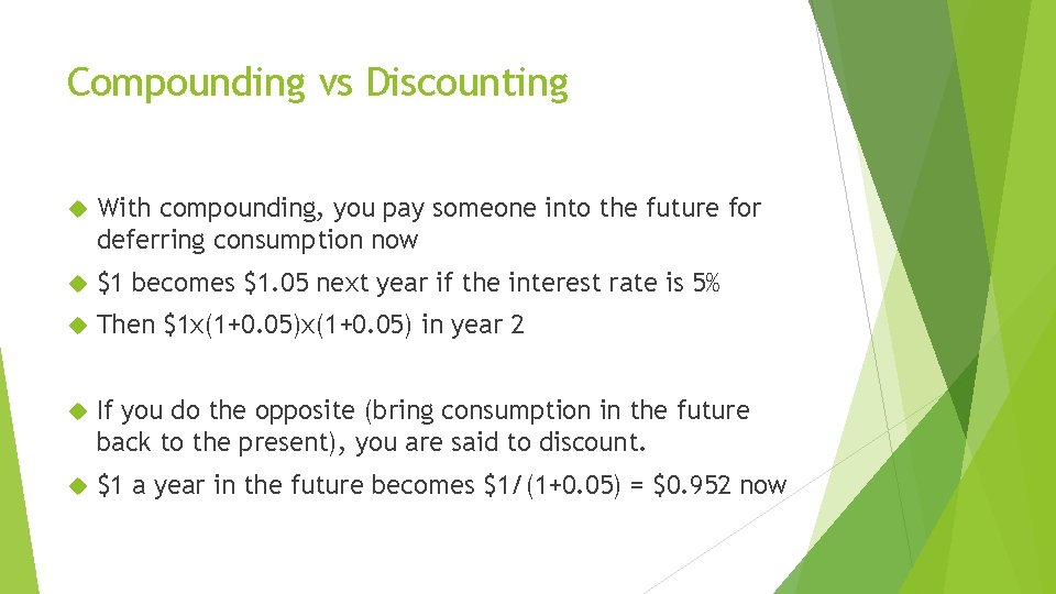 Compounding vs Discounting With compounding, you pay someone into the future for deferring consumption Compounding vs Discounting With compounding, you pay someone into the future for deferring consumption
