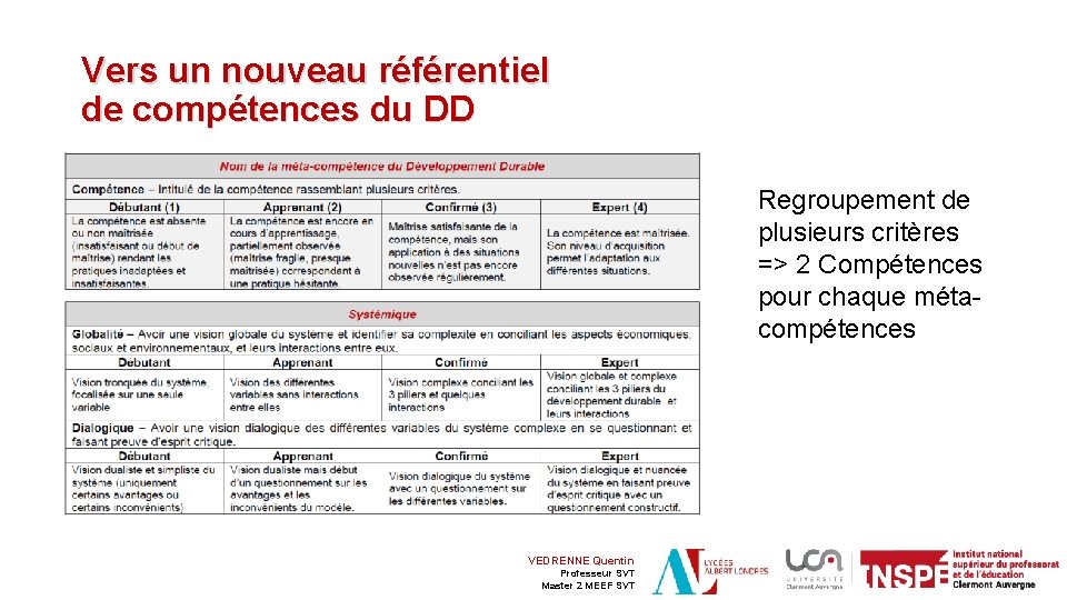 Vers un nouveau référentiel de compétences du DD Regroupement de plusieurs critères => 2