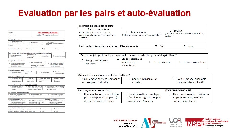 Evaluation par les pairs et auto-évaluation VEDRENNE Quentin Professeur SVT Master 2 MEEF SVT