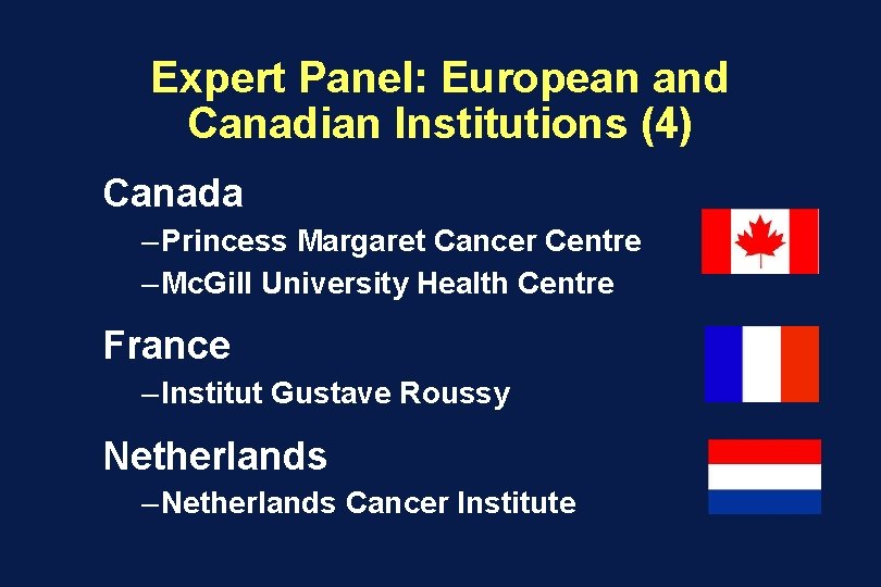 Expert Panel: European and Canadian Institutions (4) Canada – Princess Margaret Cancer Centre –