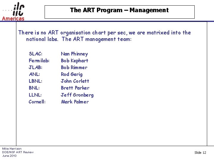 The ART Program – Management Americas There is no ART organisation chart per sec,