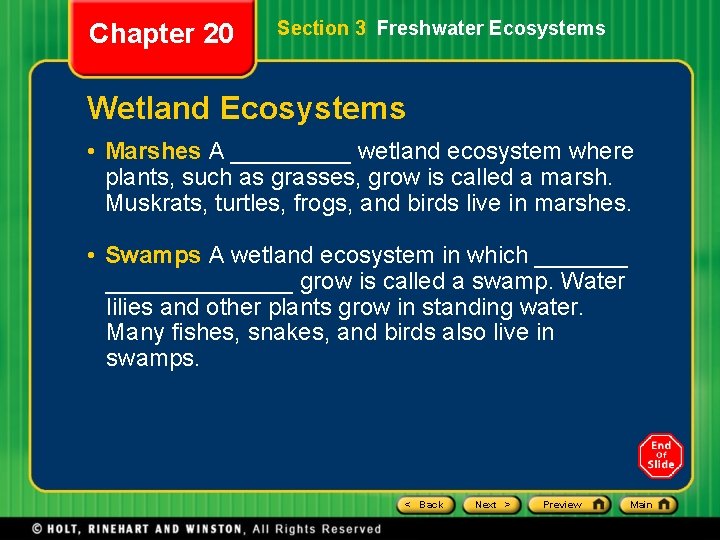 Chapter 20 Section 3 Freshwater Ecosystems Wetland Ecosystems • Marshes A _____ wetland ecosystem