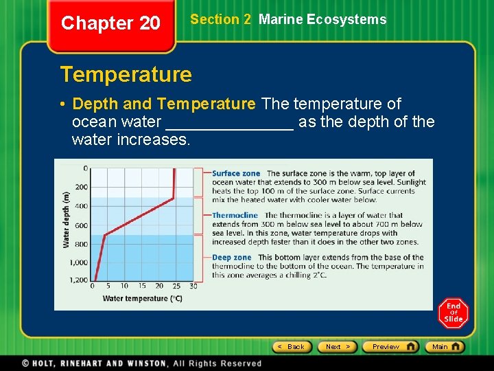 Chapter 20 Section 2 Marine Ecosystems Temperature • Depth and Temperature The temperature of