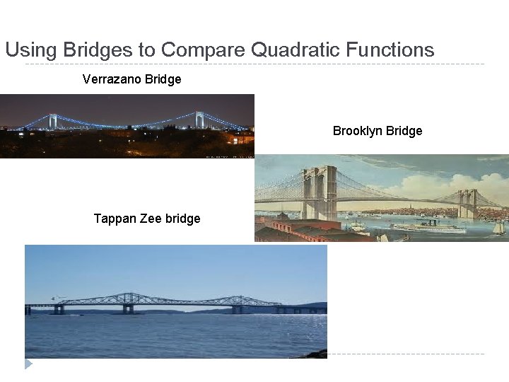 Using Bridges to Compare Quadratic Functions Verrazano Bridge Brooklyn Bridge Tappan Zee bridge 