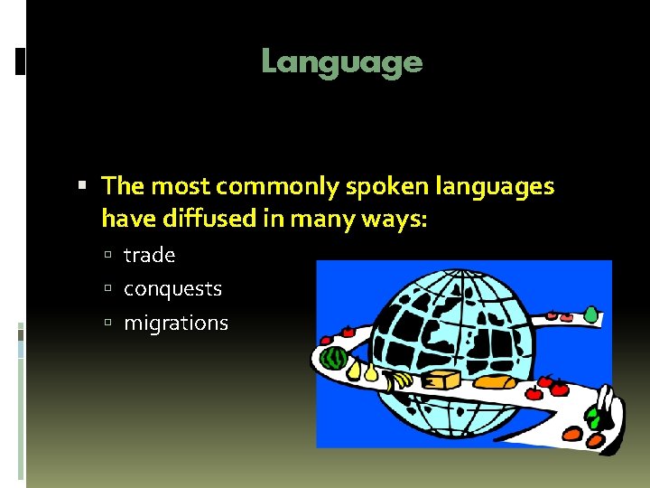 Language The most commonly spoken languages have diffused in many ways: trade conquests migrations Language The most commonly spoken languages have diffused in many ways: trade conquests migrations