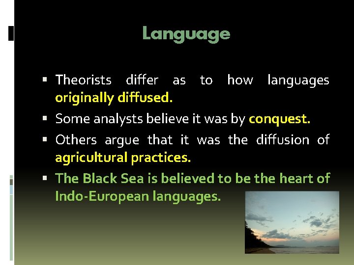 Language Theorists differ as to how languages originally diffused. Some analysts believe it was Language Theorists differ as to how languages originally diffused. Some analysts believe it was