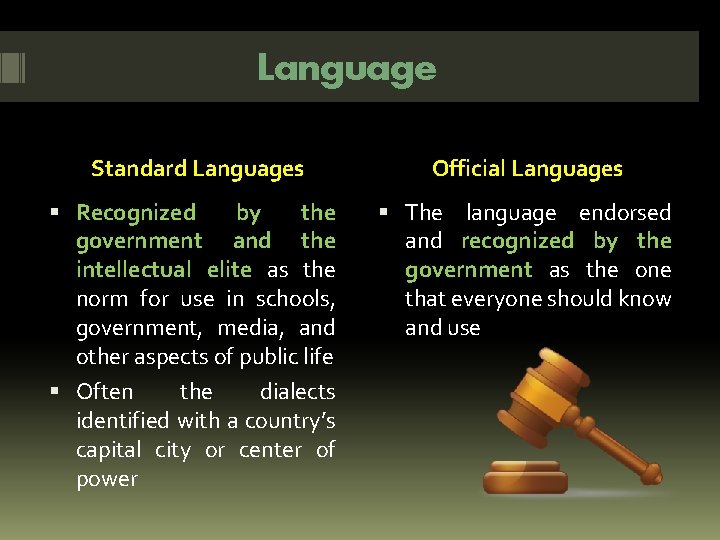 Language Standard Languages Official Languages Recognized by the government and the intellectual elite as Language Standard Languages Official Languages Recognized by the government and the intellectual elite as