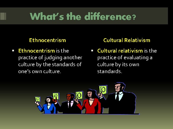 What’s the difference? Ethnocentrism is the practice of judging another culture by the standards What’s the difference? Ethnocentrism is the practice of judging another culture by the standards