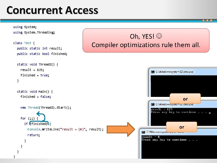 Concurrent Access using System; using System. Threading; class Test { public static int result;