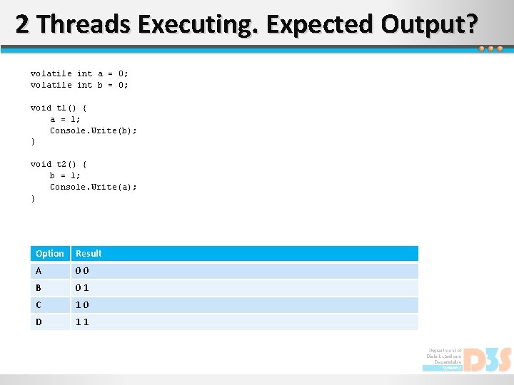 2 Threads Executing. Expected Output? volatile int a = 0; volatile int b =