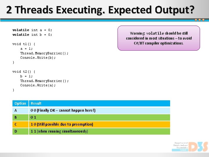 2 Threads Executing. Expected Output? volatile int a = 0; volatile int b =