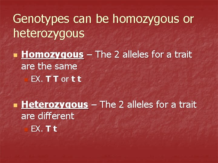 Genotypes can be homozygous or heterozygous n Homozygous – The 2 alleles for a