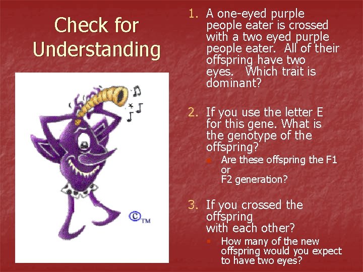 Check for Understanding 1. A one-eyed purple people eater is crossed with a two