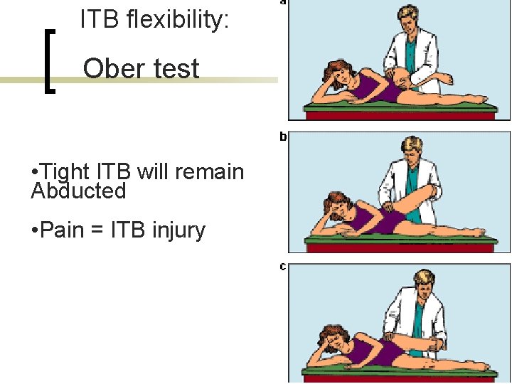 ITB flexibility: Ober test • Tight ITB will remain Abducted • Pain = ITB