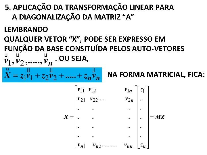 5. APLICAÇÃO DA TRANSFORMAÇÃO LINEAR PARA A DIAGONALIZAÇÃO DA MATRIZ “A” LEMBRANDO QUALQUER VETOR