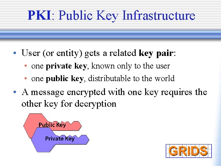 PKI: Public Key Infrastructure • User (or entity) gets a related key pair: •