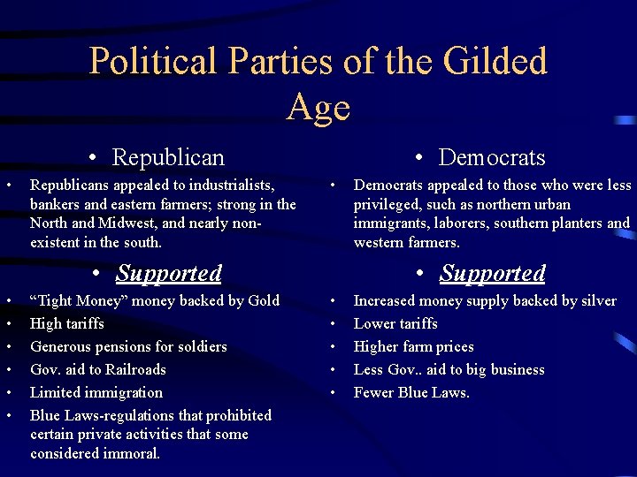 Political Parties of the Gilded Age • Republican • Republicans appealed to industrialists, bankers