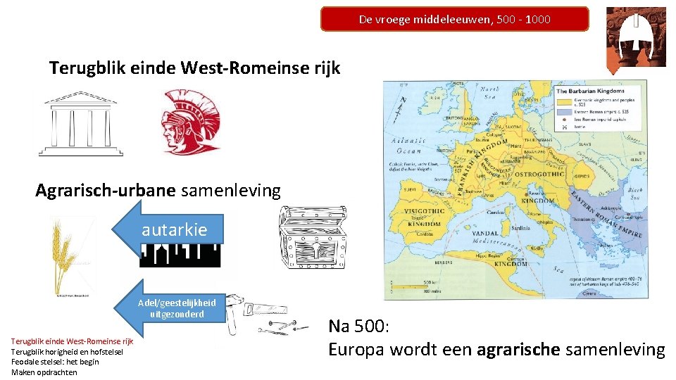 De vroege middeleeuwen, 500 - 1000 Terugblik einde West-Romeinse rijk Agrarisch-urbane samenleving autarkie Adel/geestelijkheid