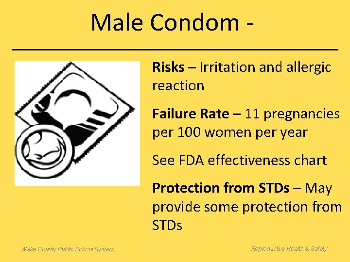 Male Condom Risks – Irritation and allergic reaction Failure Rate – 11 pregnancies per