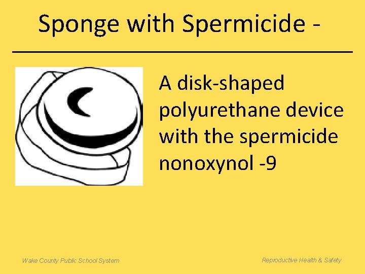Sponge with Spermicide A disk-shaped polyurethane device with the spermicide nonoxynol -9 Wake County
