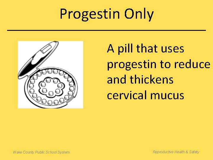 Progestin Only A pill that uses progestin to reduce and thickens cervical mucus Wake