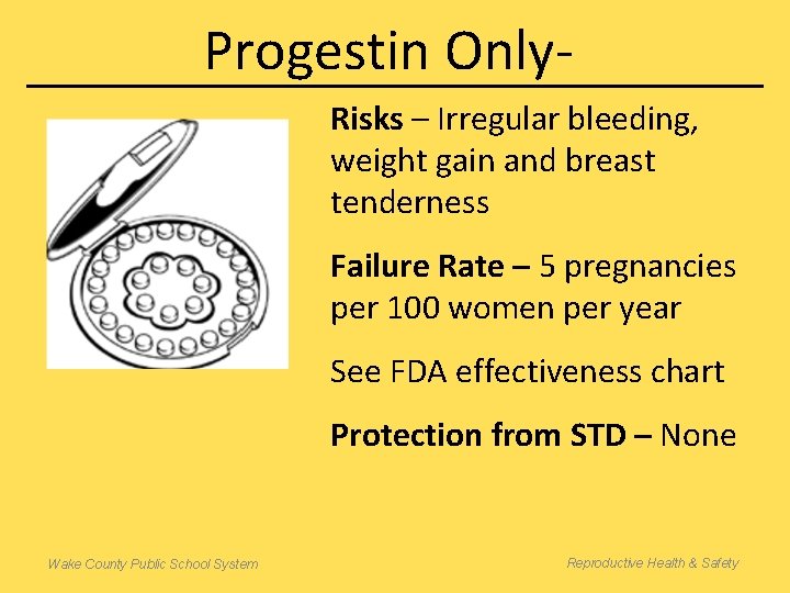 Progestin Only. Risks – Irregular bleeding, weight gain and breast tenderness Failure Rate –
