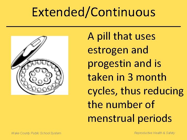 Extended/Continuous A pill that uses estrogen and progestin and is taken in 3 month