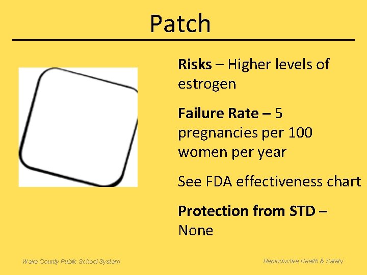 Patch Risks – Higher levels of estrogen Failure Rate – 5 pregnancies per 100