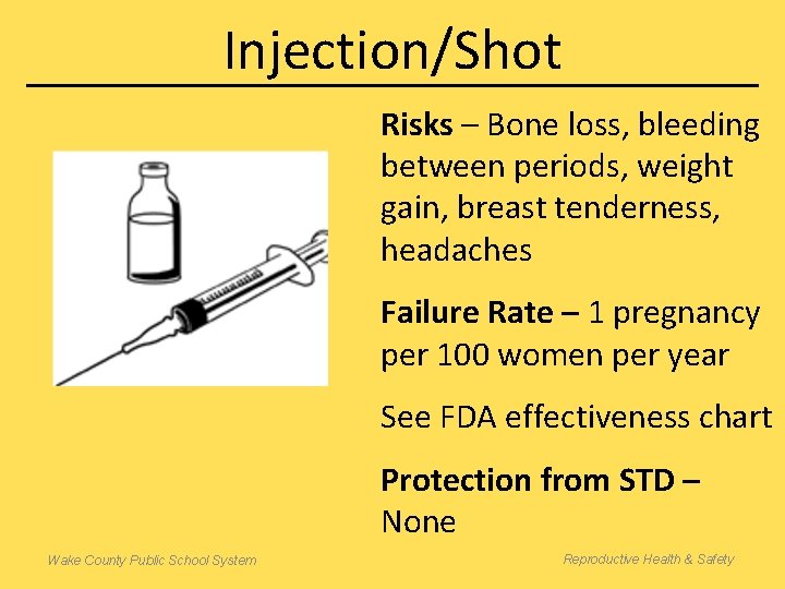 Injection/Shot Risks – Bone loss, bleeding between periods, weight gain, breast tenderness, headaches Failure