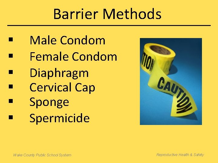 Barrier Methods § § § Male Condom Female Condom Diaphragm Cervical Cap Sponge Spermicide