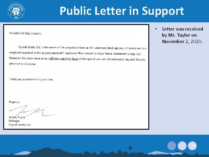 Public Letter in Support • Letter was received by Mr. Taylor on November 2,