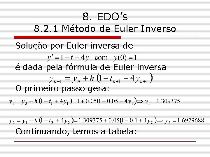 8. EDO’s 8. 2. 1 Método de Euler Inverso Solução por Euler inversa de