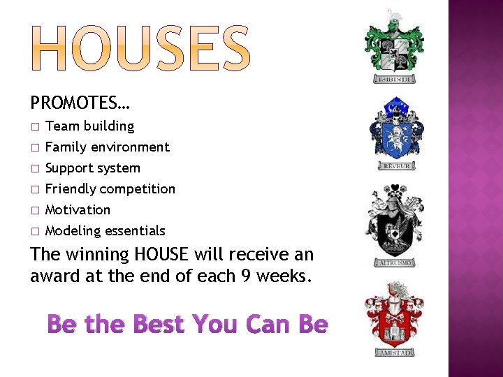 PROMOTES… � Team building � Family environment Support system Friendly competition Motivation Modeling essentials