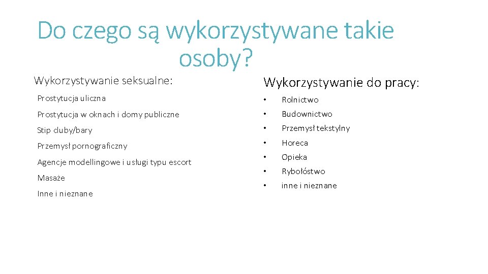 Do czego są wykorzystywane takie osoby? Wykorzystywanie seksualne: Wykorzystywanie do pracy: Prostytucja uliczna •