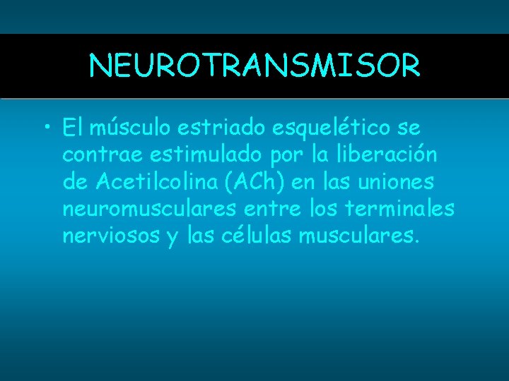 NEUROTRANSMISOR • El músculo estriado esquelético se contrae estimulado por la liberación de Acetilcolina