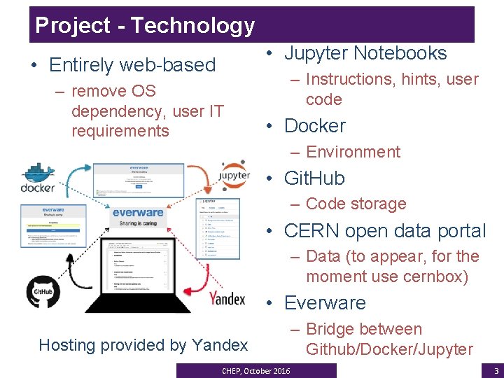 Project - Technology • Jupyter Notebooks • Entirely web-based – remove OS dependency, user