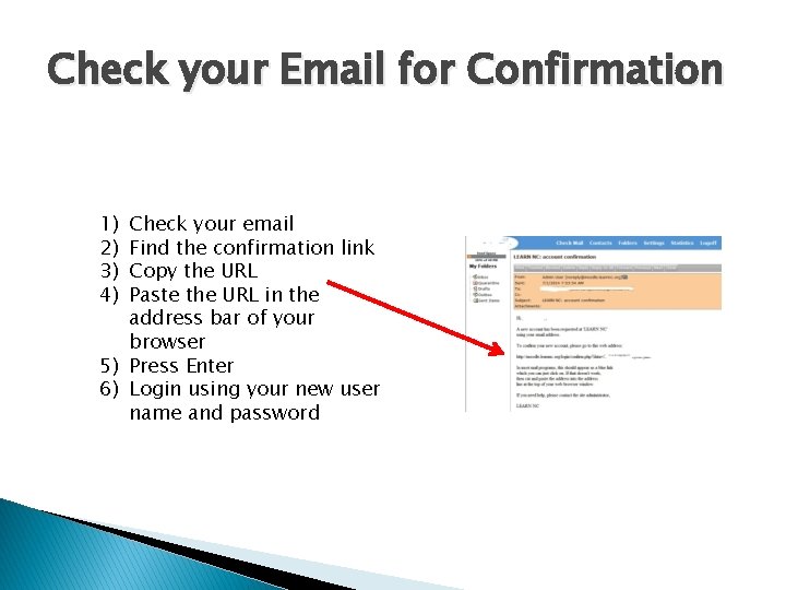Check your Email for Confirmation 1) 2) 3) 4) Check your email Find the