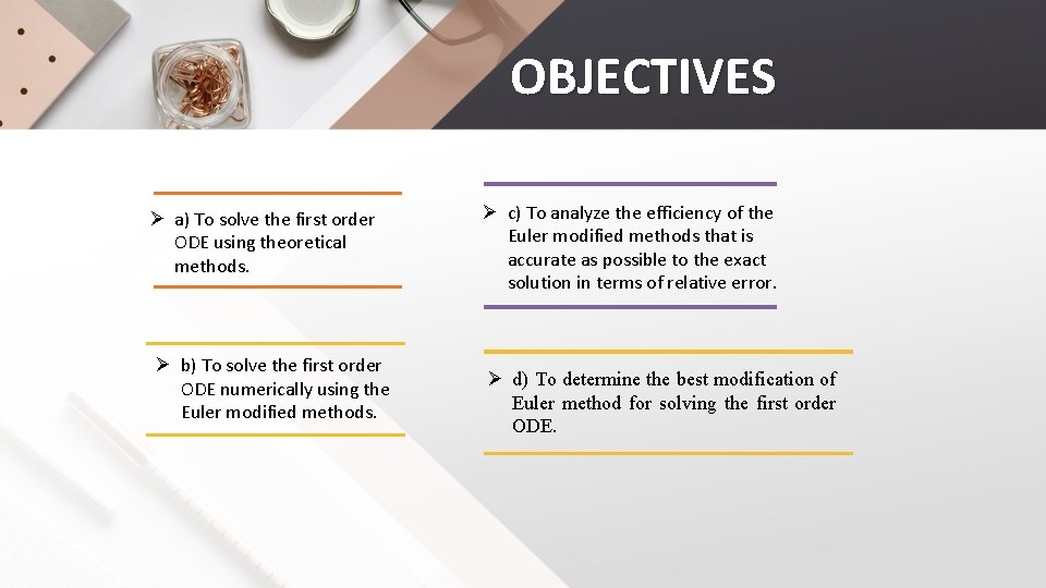 OBJECTIVES Ø a) To solve the first order ODE using theoretical methods. Ø b)