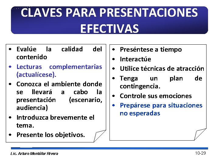 CLAVES PARA PRESENTACIONES EFECTIVAS • Evalúe la calidad del contenido • Lecturas complementarias (actualícese).