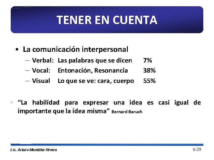 TENER EN CUENTA • La comunicación interpersonal – Verbal: Las palabras que se dicen