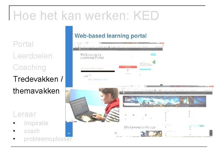 Hoe het kan werken: KED Portal Leerdoelen Coaching Tredevakken / themavakken Leraar • •