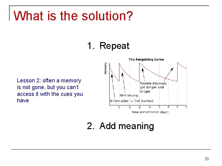 What is the solution? 1. Repeat Lesson 2: often a memory is not gone,