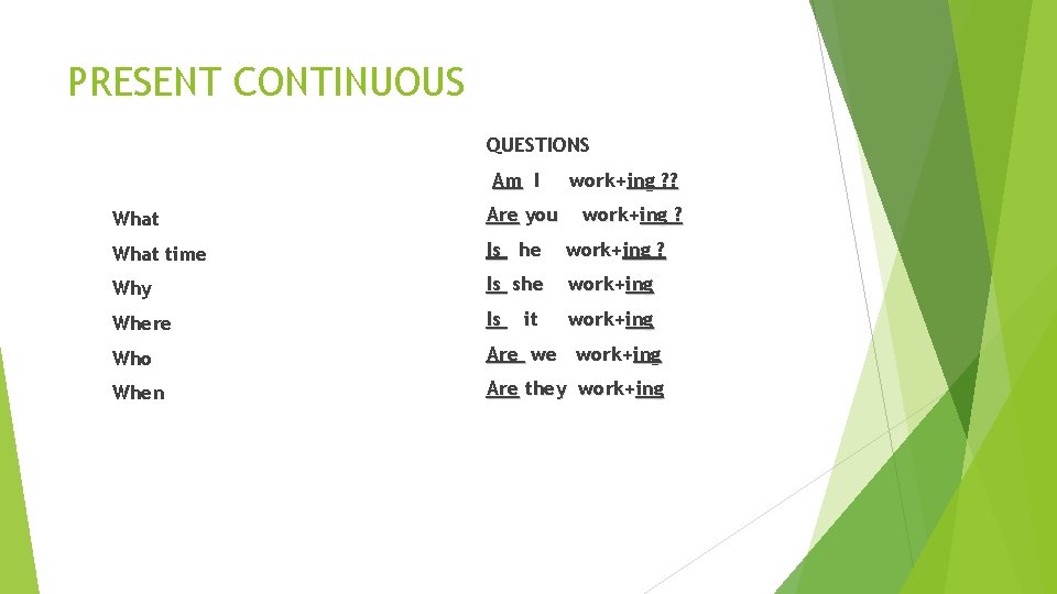 PRESENT CONTINUOUS QUESTIONS Am I work+ing ? ? What Are you What time Is PRESENT CONTINUOUS QUESTIONS Am I work+ing ? ? What Are you What time Is