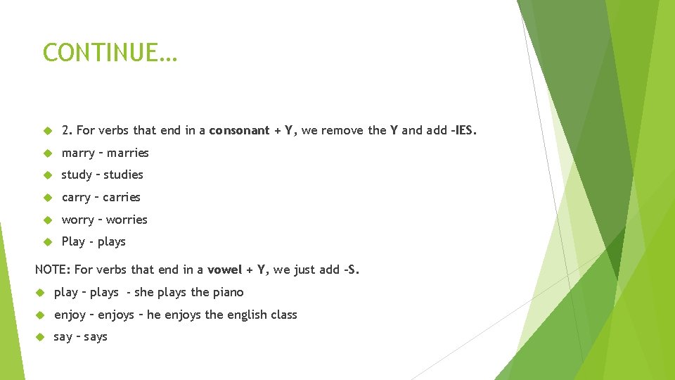 CONTINUE… 2. For verbs that end in a consonant + Y, we remove the CONTINUE… 2. For verbs that end in a consonant + Y, we remove the